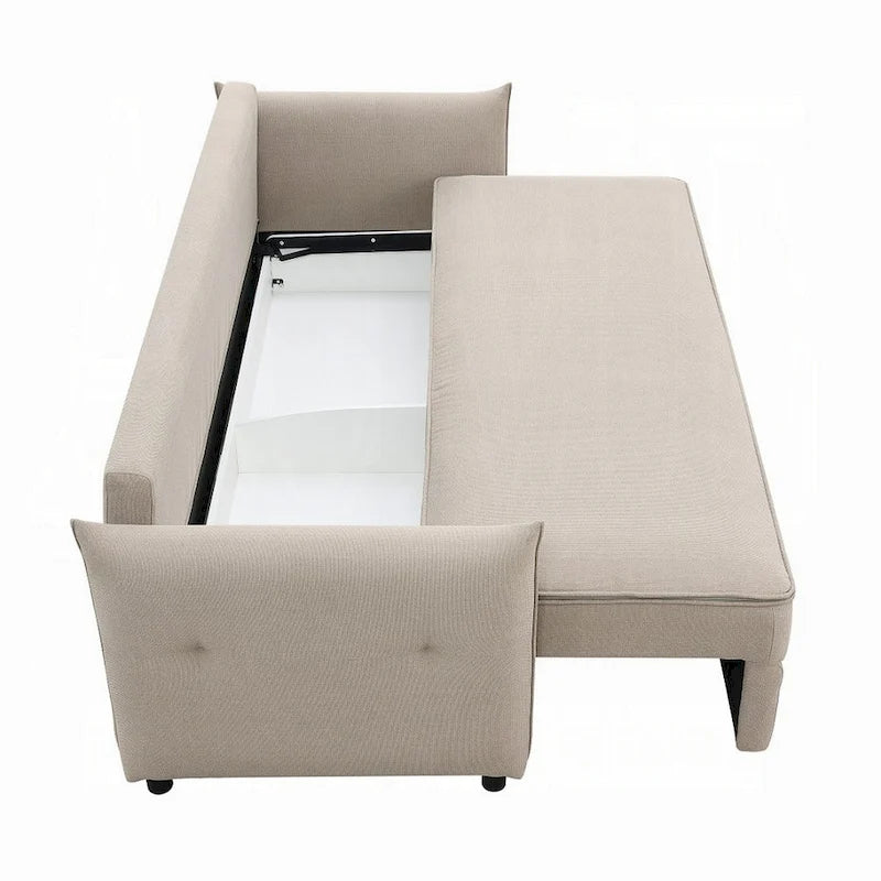Divano Leif con letto estraibile matrimoniale, 87 pollici, legno, tessuto beige