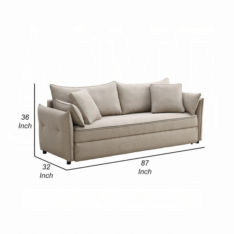 Divano Leif con letto estraibile matrimoniale, 87 pollici, legno, tessuto beige