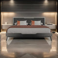 Kiran King Size Platform Bed, Gray Upholstered Headboard, Wood Frame