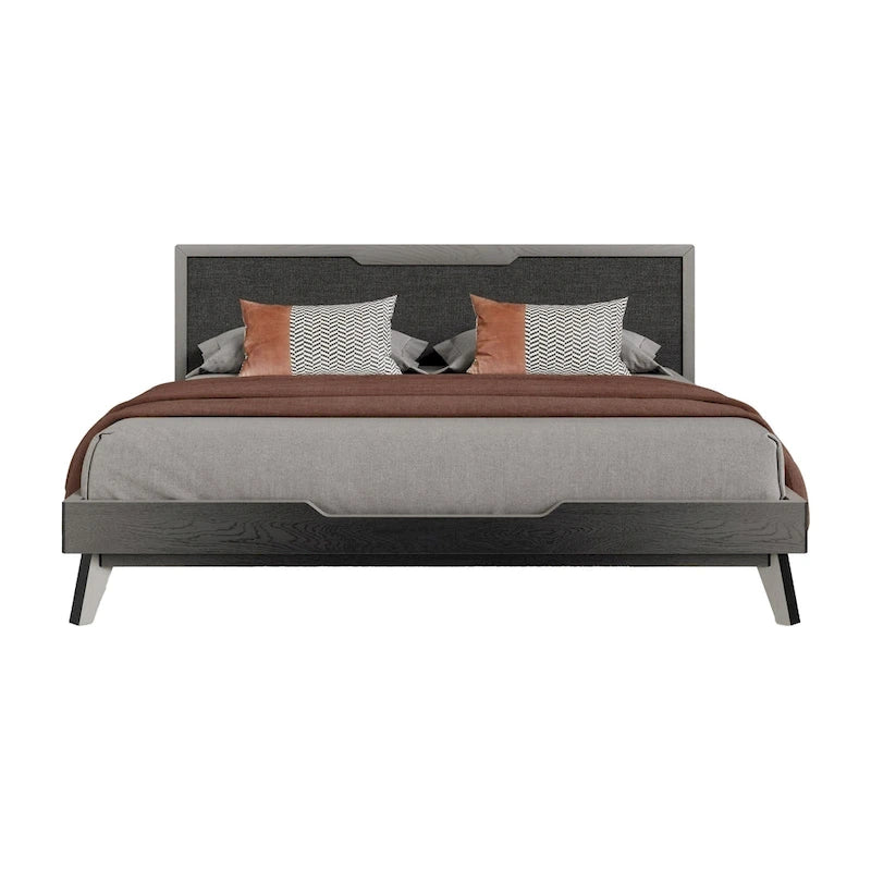 Letto a piattaforma Kiran King Size, testiera imbottita grigia, struttura in legno