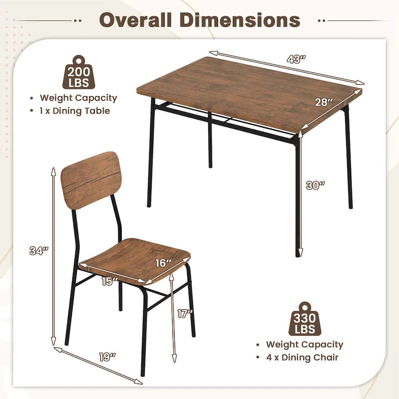Costway Set da 5 Pezzi Tavolo da Cucina Quadrato e Sedie in Legno con Telaio in Metallo