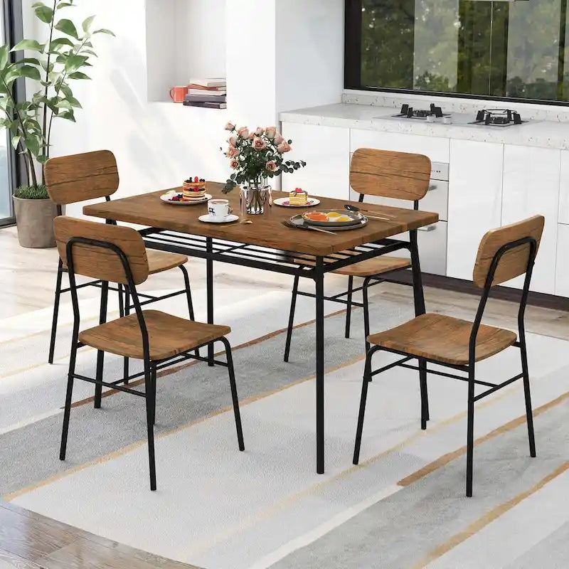 Costway Set da 5 Pezzi Tavolo da Cucina Quadrato e Sedie in Legno con Telaio in Metallo