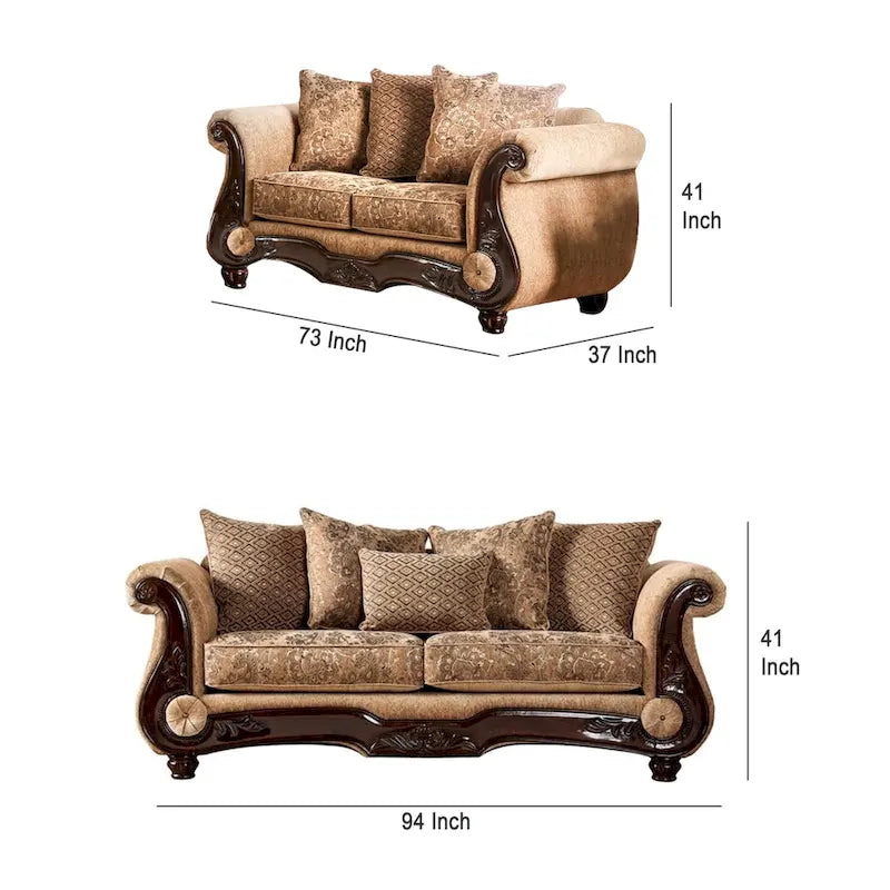 Set Divano e Divanetto Nican 2 pezzi, Ecopelle Marrone-Oro, 8 Cuscini Decorativi