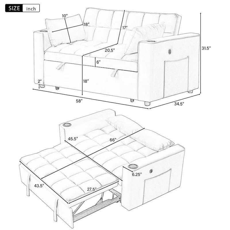 Divano letto multifunzionale Roomfitters 58 4-1 con portabicchieri e porta USB per soggiorno o appartamento