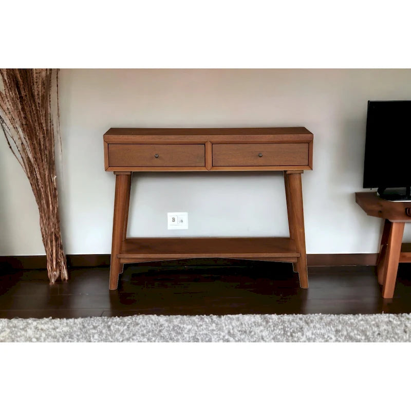 Tavolo Consolle in Legno Massello con Cassetti e Ripiano Inferiore - 42 L x 14 P x 33 H