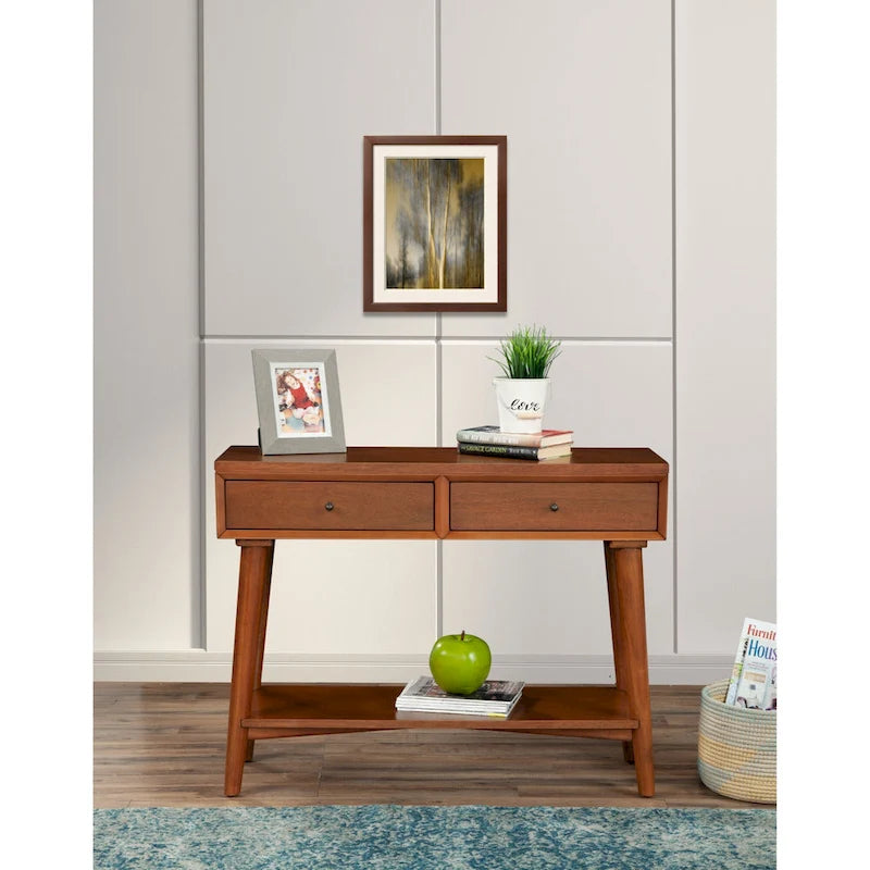 Tavolo Consolle in Legno Massello con Cassetti e Ripiano Inferiore - 42 L x 14 P x 33 H