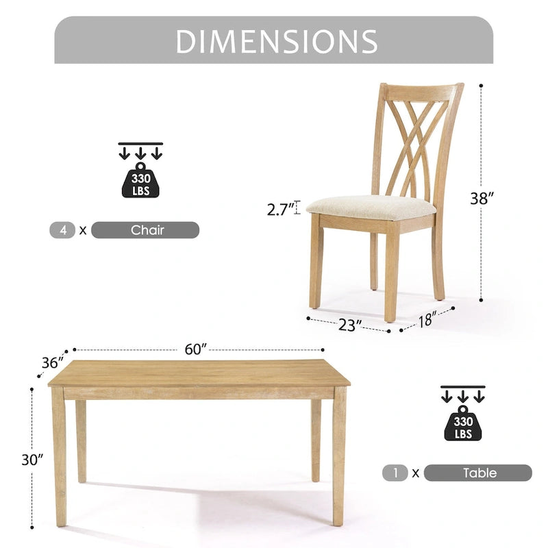 Set da pranzo rettangolare in legno da 5 pezzi, set da cucina con tavolo da pranzo e 4 sedie con schienale a croce per 4-6 persone