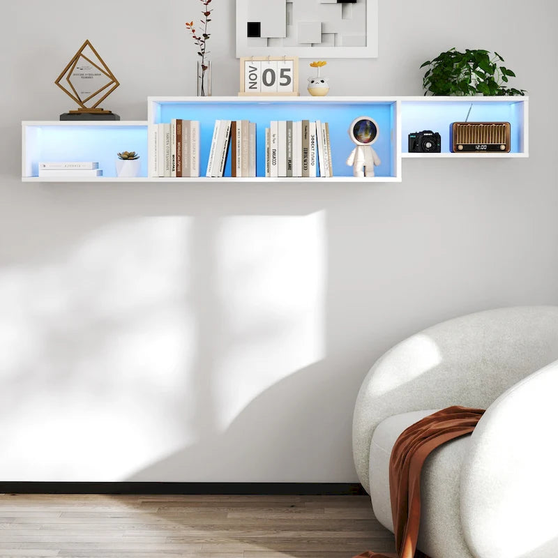 Mobile TV sospeso moderno con 3 ripiani e 20 LED colorati per home theater e ufficio a parete