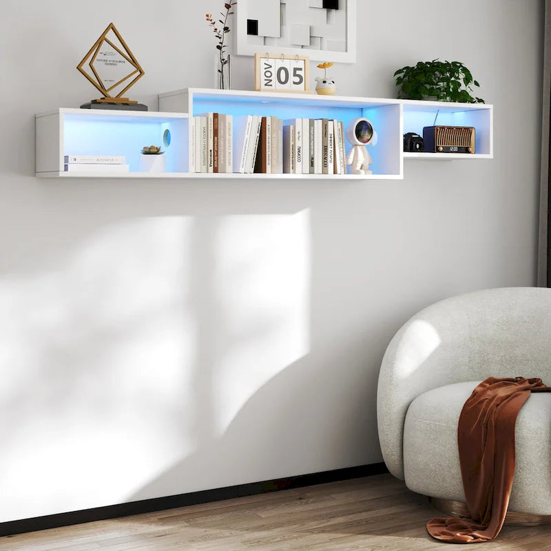 Mobile TV sospeso moderno con 3 ripiani e 20 LED colorati per home theater e ufficio a parete
