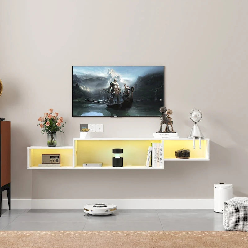 Mobile TV sospeso moderno con 3 ripiani e 20 LED colorati per home theater e ufficio a parete