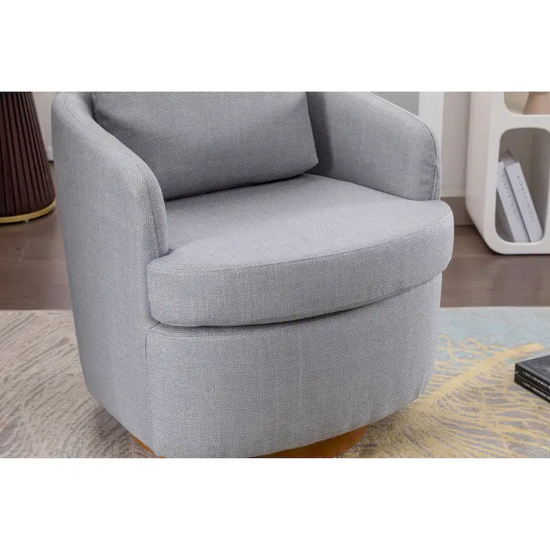 Poltrona girevole moderna azzurra, imbottita, con base rotonda in legno massello marrone, 30.3