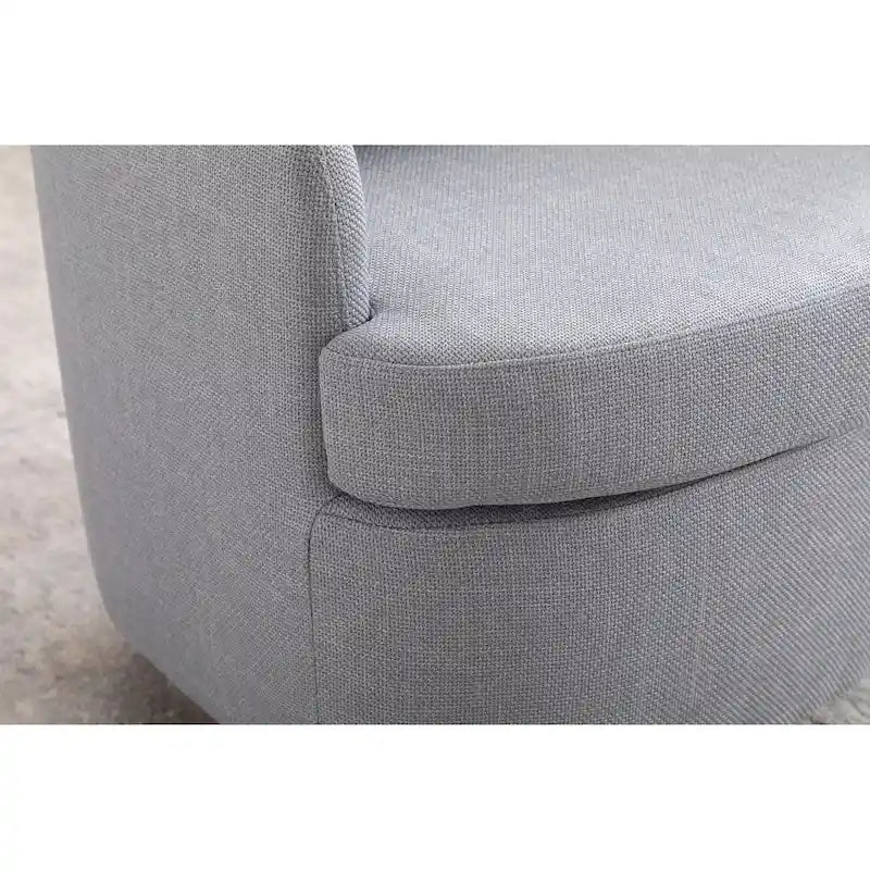 Poltrona girevole moderna azzurra, imbottita, con base rotonda in legno massello marrone, 30.3