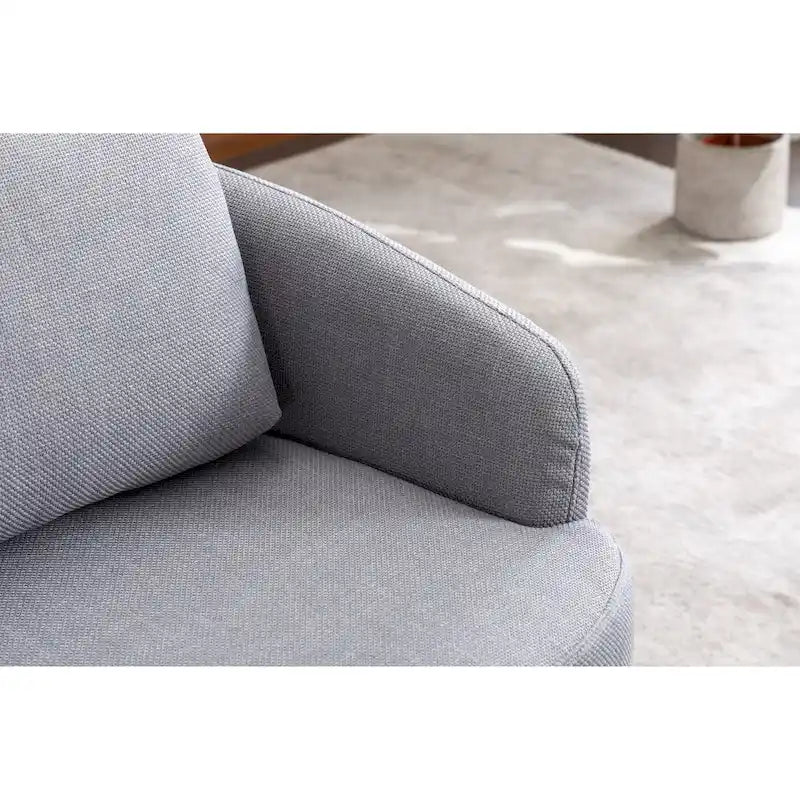 Poltrona girevole moderna azzurra, imbottita, con base rotonda in legno massello marrone, 30.3