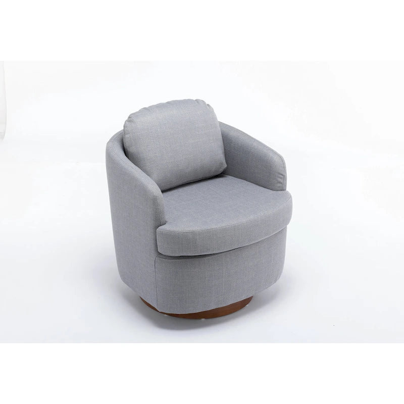 Poltrona girevole moderna azzurra, imbottita, con base rotonda in legno massello marrone, 30.3