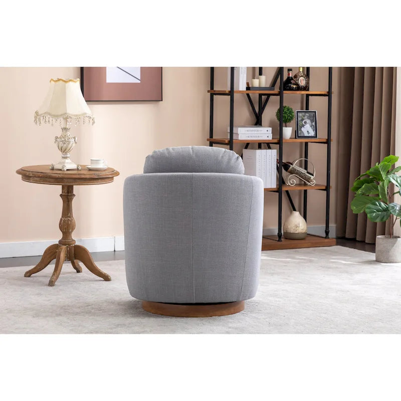 Poltrona girevole moderna azzurra, imbottita, con base rotonda in legno massello marrone, 30.3