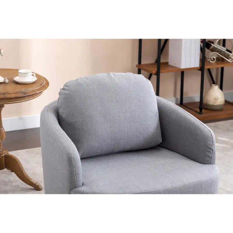 Poltrona girevole moderna azzurra, imbottita, con base rotonda in legno massello marrone, 30.3