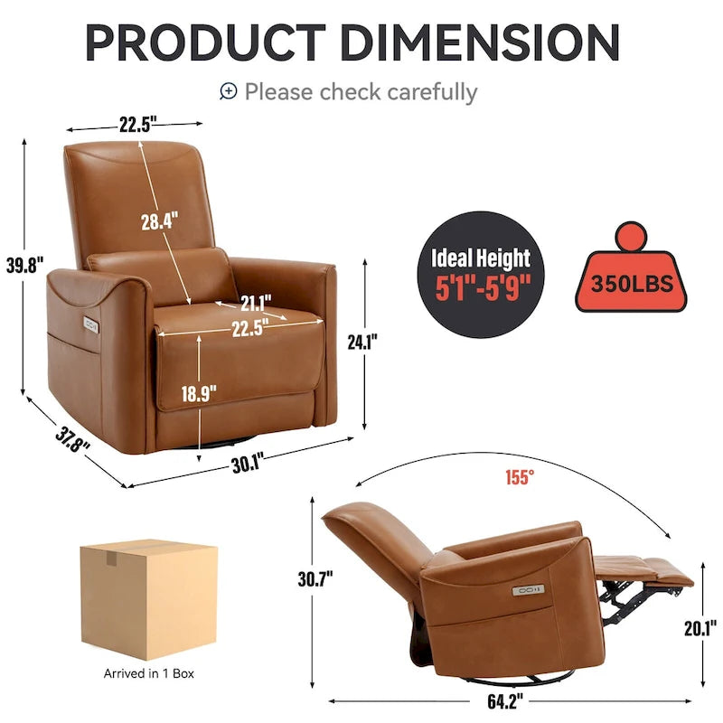 Poltrona Reclinabile Elettrica Ergonomica Marrone con Girevole, Dondolo e Porte USB
