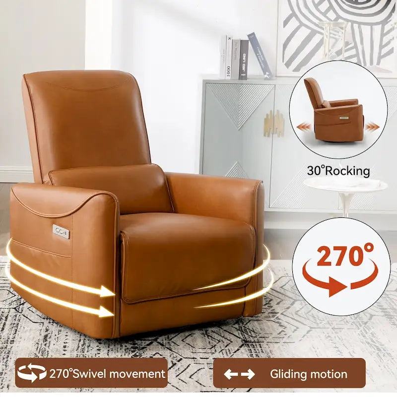Poltrona Reclinabile Elettrica Ergonomica Marrone con Girevole, Dondolo e Porte USB