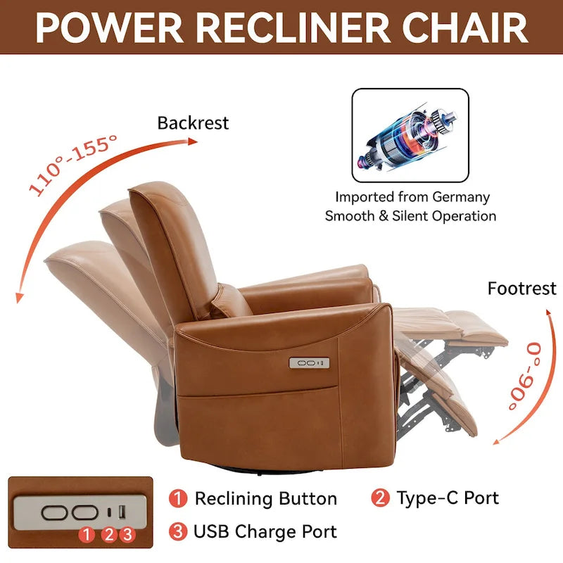 Poltrona Reclinabile Elettrica Ergonomica Marrone con Girevole, Dondolo e Porte USB