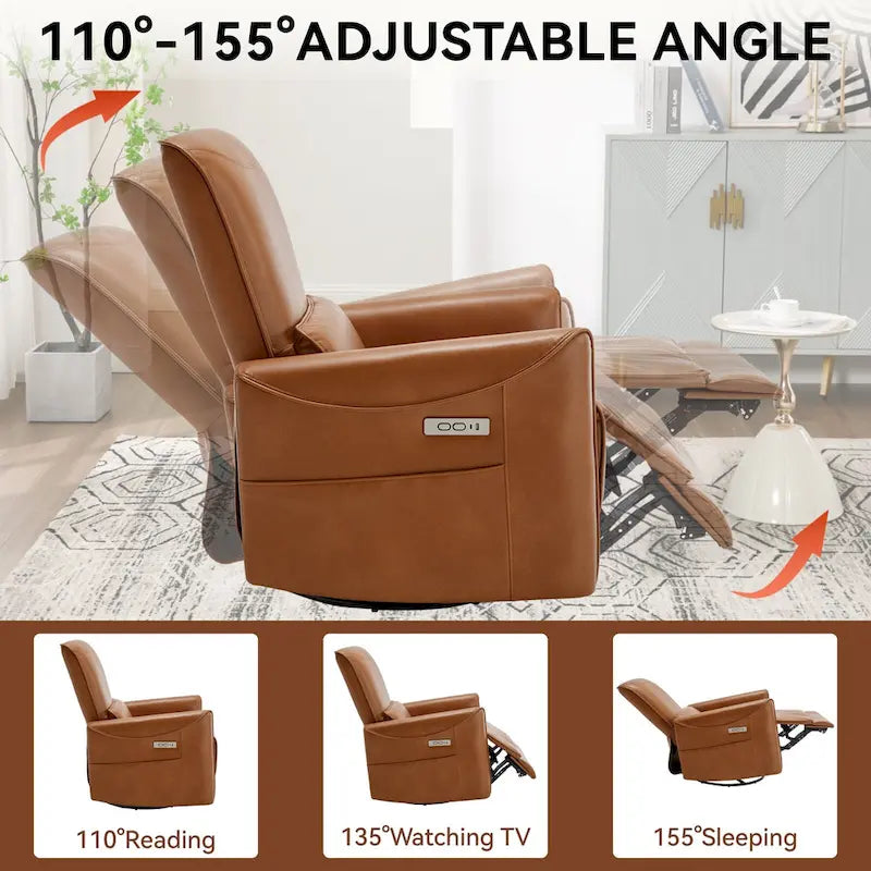 Poltrona Reclinabile Elettrica Ergonomica Marrone con Girevole, Dondolo e Porte USB