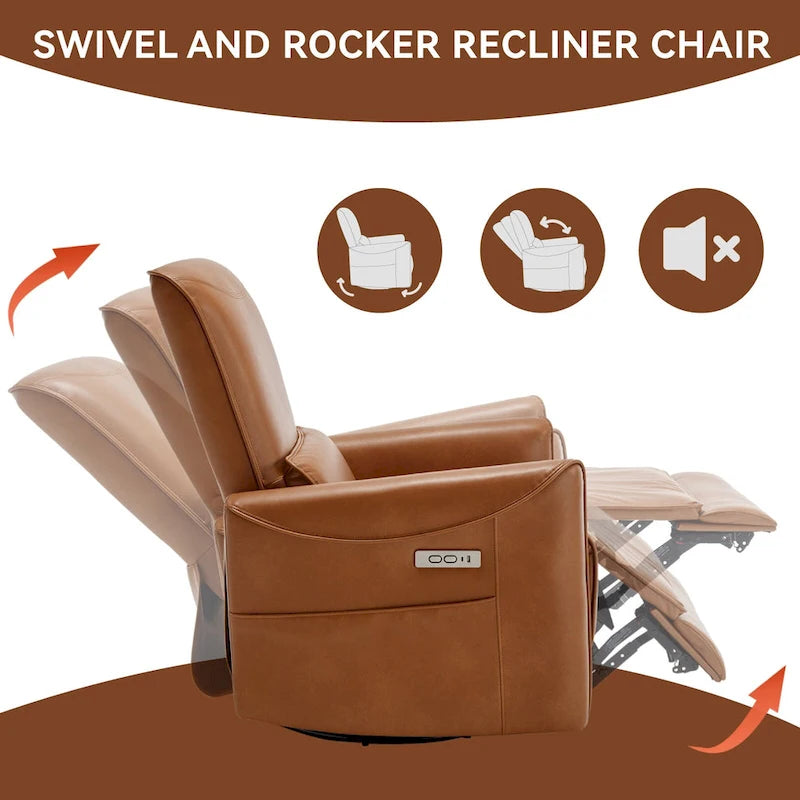 Poltrona Reclinabile Elettrica Ergonomica Marrone con Girevole, Dondolo e Porte USB