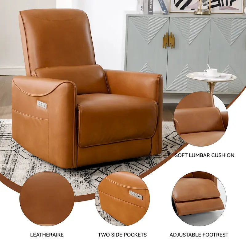 Poltrona Reclinabile Elettrica Ergonomica Marrone con Girevole, Dondolo e Porte USB