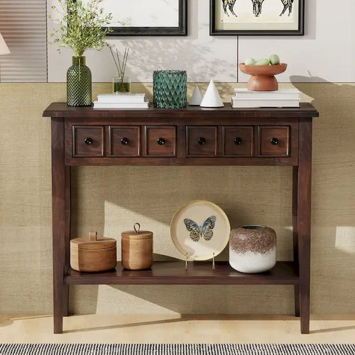 38.2 Table console rustique avec étagère ouverte et trois tiroirs, pieds en bois d'hévéa