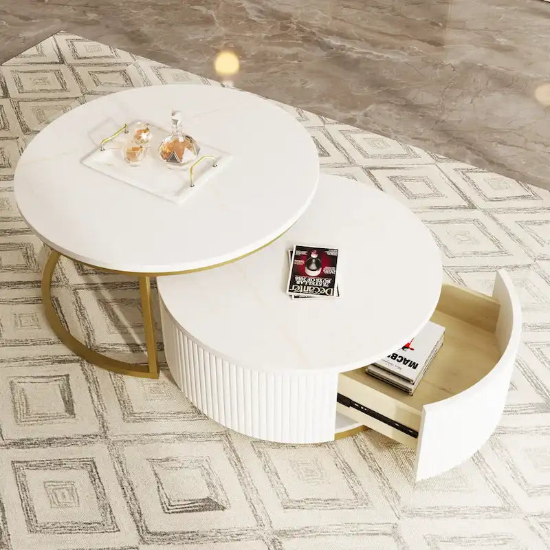 Tavolino da caffè moderno rotondo con cassetto e base dorata per soggiorno