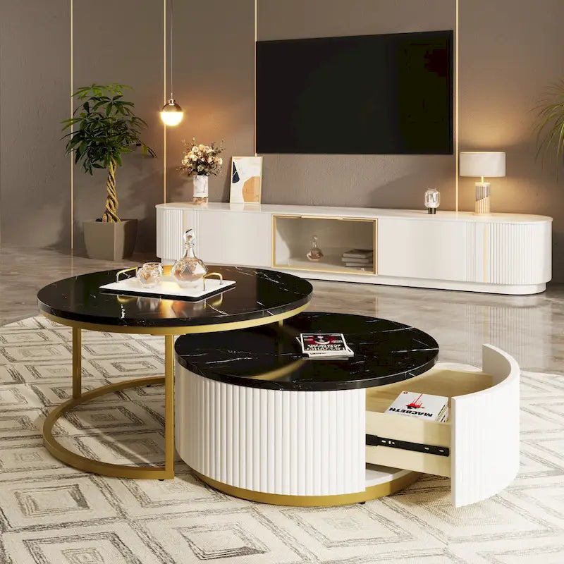 Tavolino da caffè moderno rotondo con cassetto e base dorata per soggiorno
