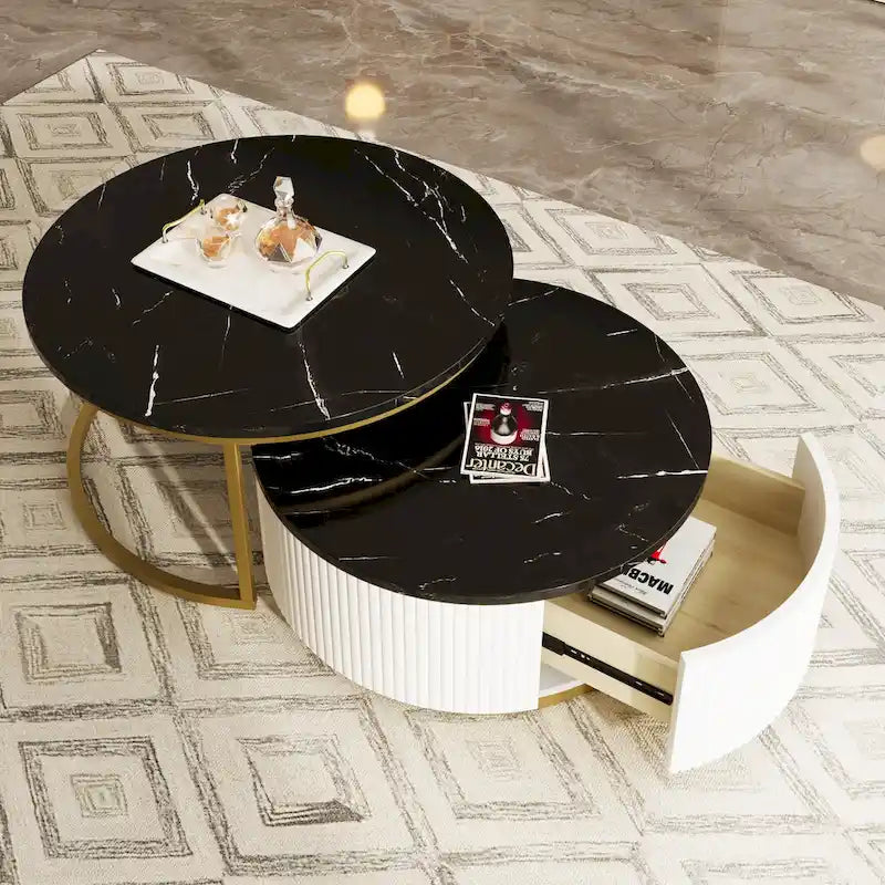 Tavolino da caffè moderno rotondo con cassetto e base dorata per soggiorno