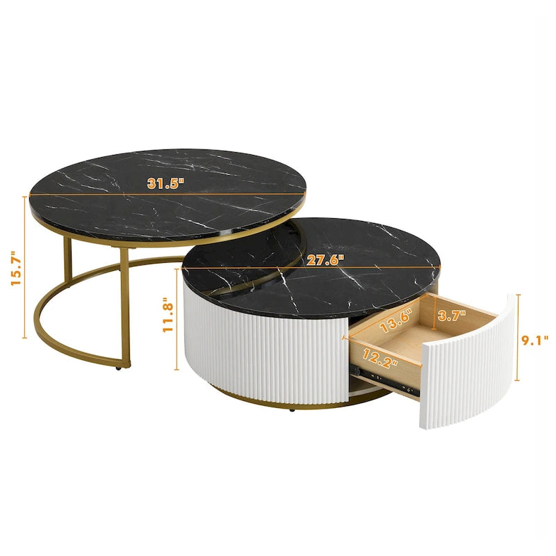 Tavolino da caffè moderno rotondo con cassetto e base dorata per soggiorno