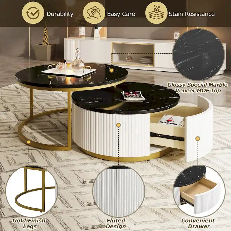 Tavolino da caffè moderno rotondo con cassetto e base dorata per soggiorno
