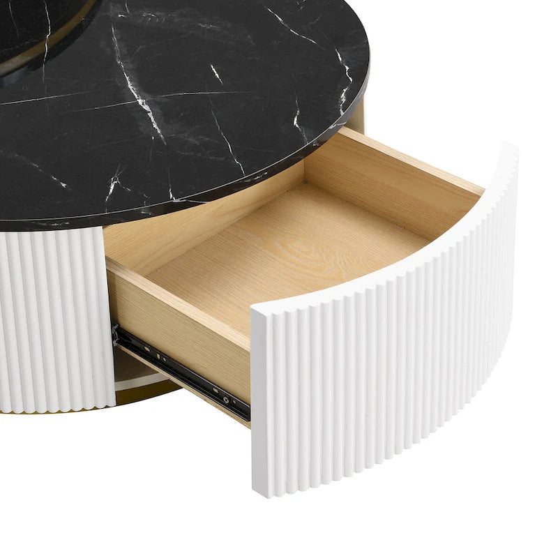 Tavolino da caffè moderno rotondo con cassetto e base dorata per soggiorno