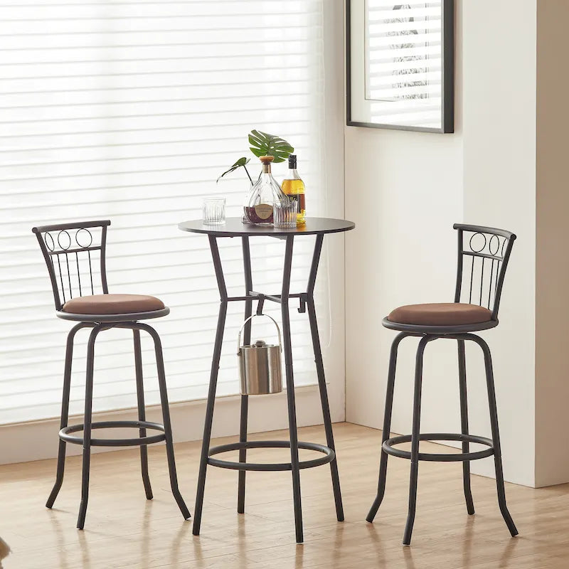 Set da pranzo 3 pezzi in stile moderno con tavolo rotondo e 2 sedie da bar ad altezza bancone