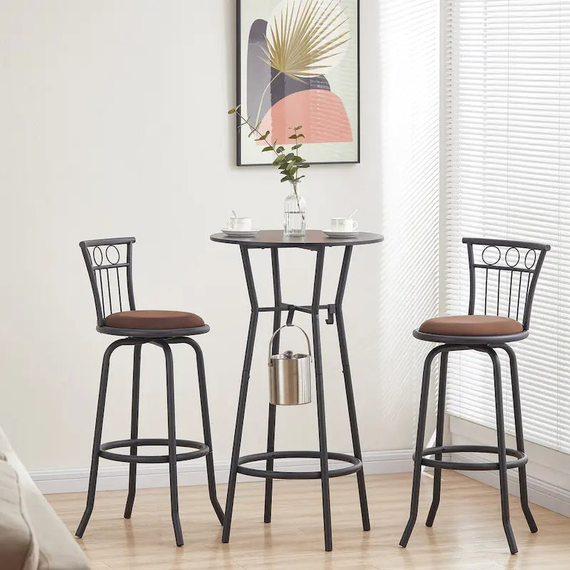 Set da pranzo 3 pezzi in stile moderno con tavolo rotondo e 2 sedie da bar ad altezza bancone