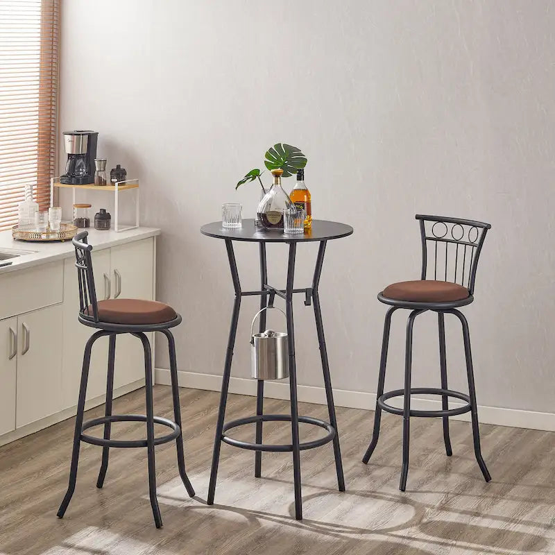 Set da pranzo 3 pezzi in stile moderno con tavolo rotondo e 2 sedie da bar ad altezza bancone
