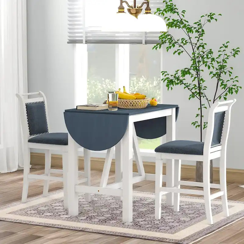 Set tavolo da pranzo bianco in legno a 3 pezzi con altezza da bancone con tavolo allungabile e 2 sedie