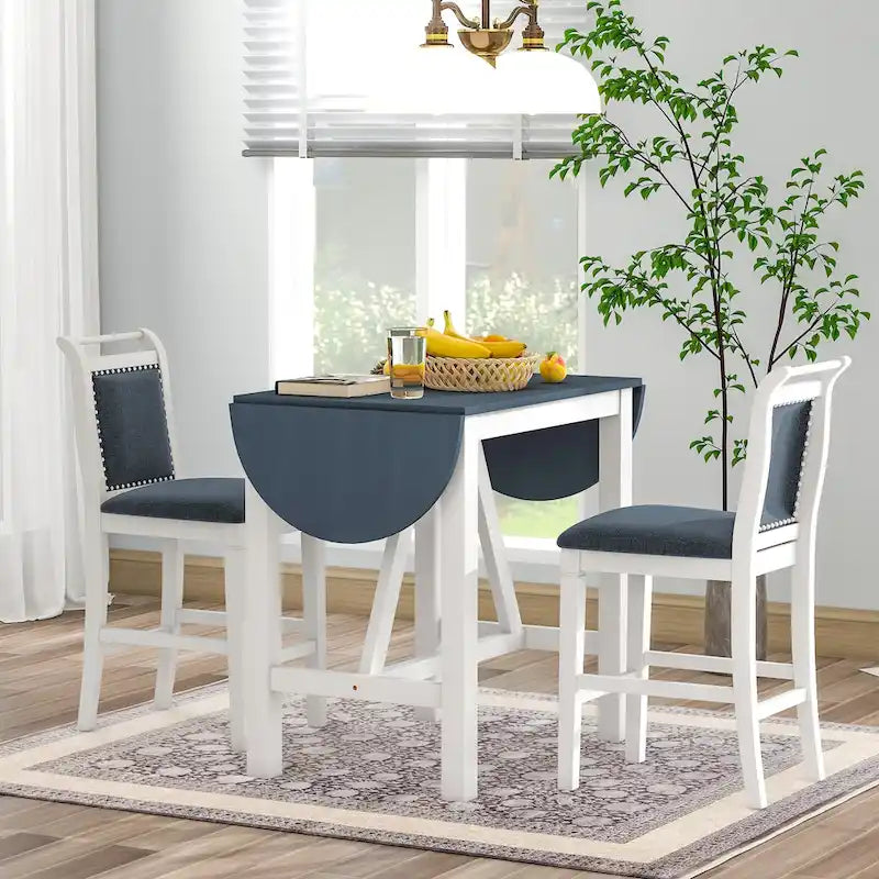 White 3-Piece Wooden Counter Height Dining Table Set with Drop Leaf Table & 2 Chairs