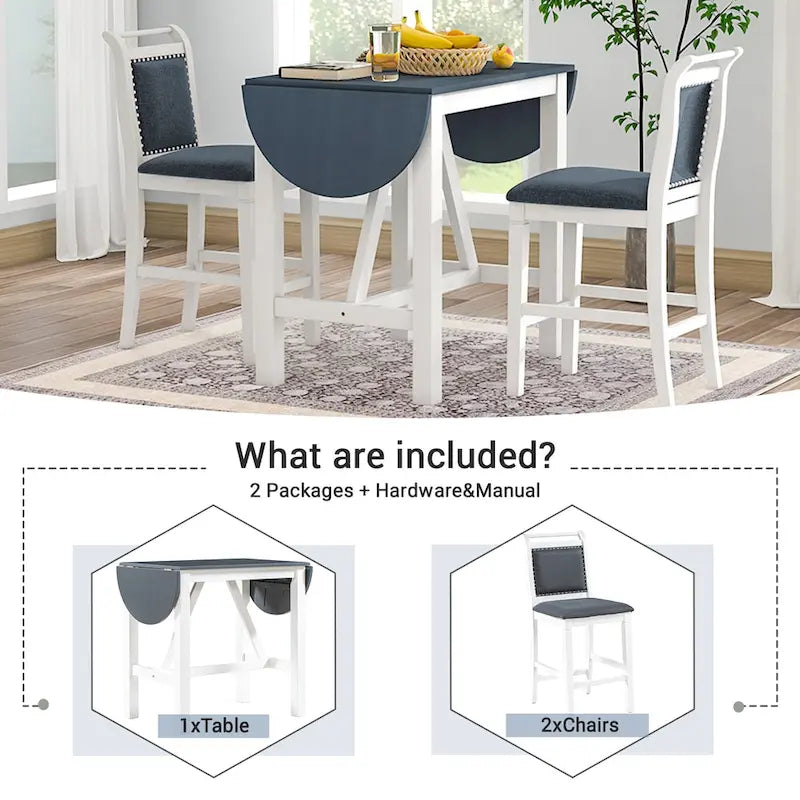 Set tavolo da pranzo bianco in legno a 3 pezzi con altezza da bancone con tavolo allungabile e 2 sedie