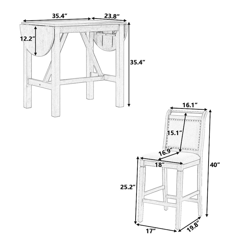 Set tavolo da pranzo bianco in legno a 3 pezzi con altezza da bancone con tavolo allungabile e 2 sedie
