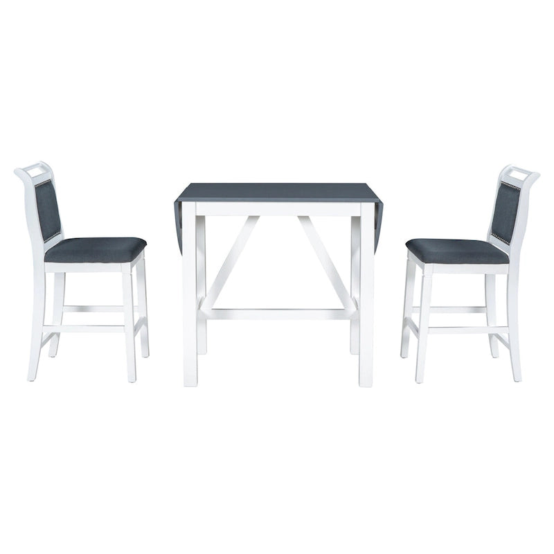 Set tavolo da pranzo bianco in legno a 3 pezzi con altezza da bancone con tavolo allungabile e 2 sedie