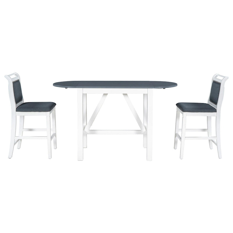 Set tavolo da pranzo bianco in legno a 3 pezzi con altezza da bancone con tavolo allungabile e 2 sedie