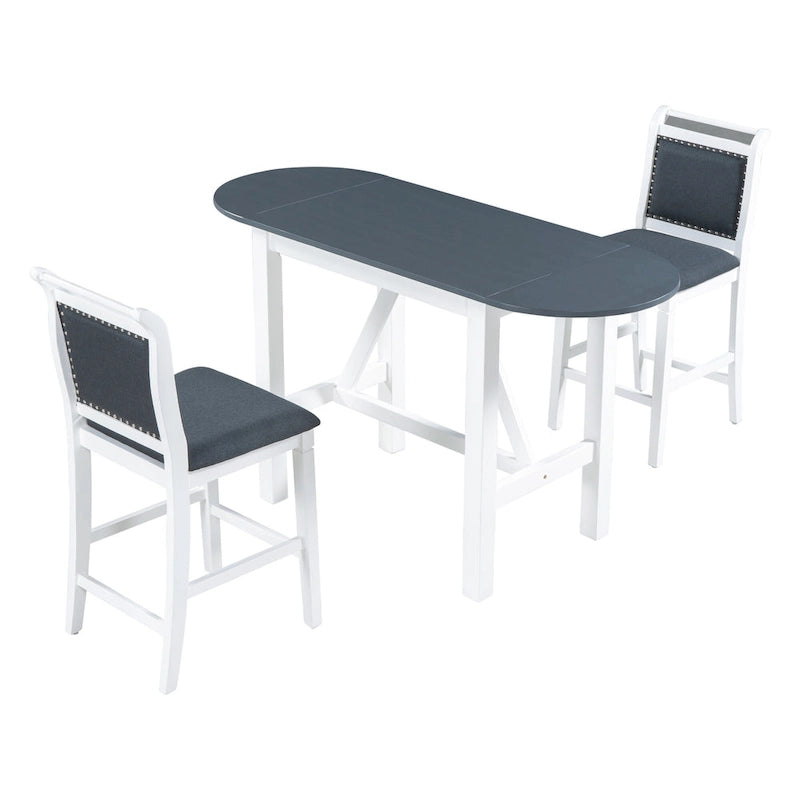 Set tavolo da pranzo bianco in legno a 3 pezzi con altezza da bancone con tavolo allungabile e 2 sedie