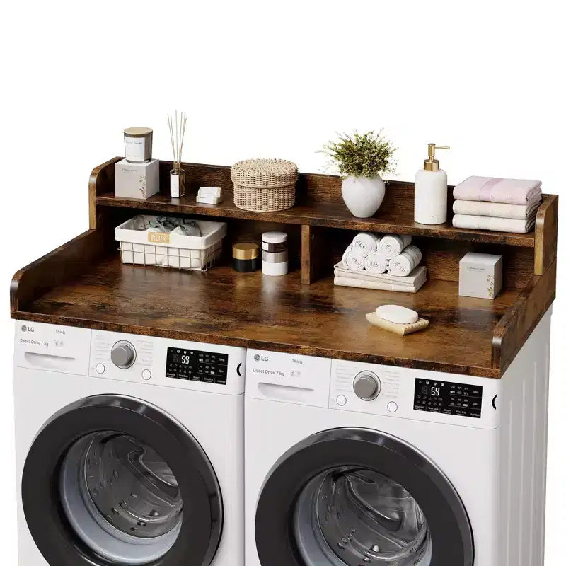 Wood Washer and Dryer Topper, 54 Laundry Countertop with 2-Tier Storage Shelf, Anti-Slip Work Surface with Guardrails for Laundry Organization
