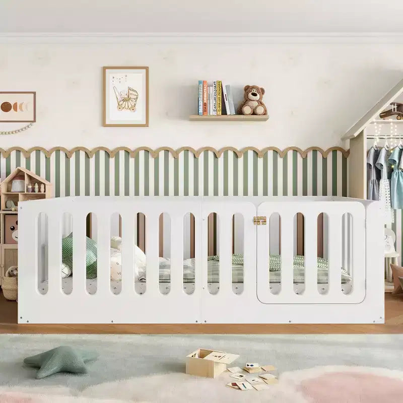 White Twin Montessori Floor Bed with Fence Rails & Door ??Solid Wood, 1 Child