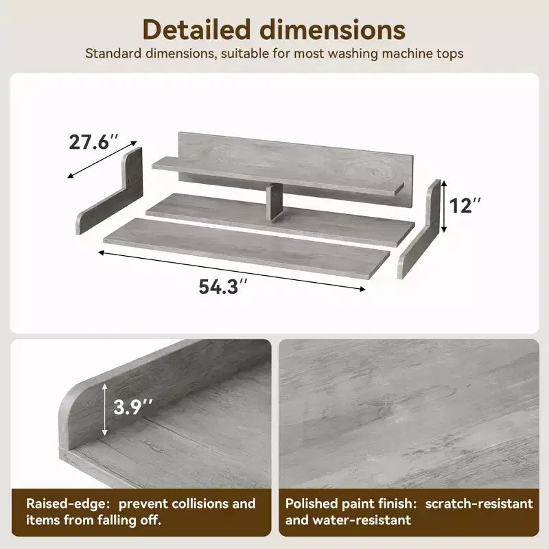 Wood Washer and Dryer Topper, 54 Laundry Countertop with 2-Tier Storage Shelf, Anti-Slip Work Surface with Guardrails for Laundry Organization
