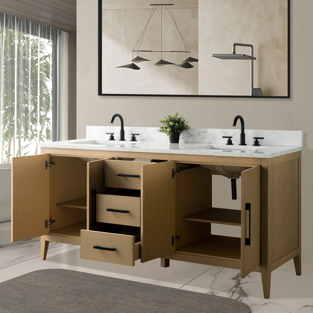 Vanity Art 72 Double Sink Bathroom Vanity Cabinet with Engineered Marble Top