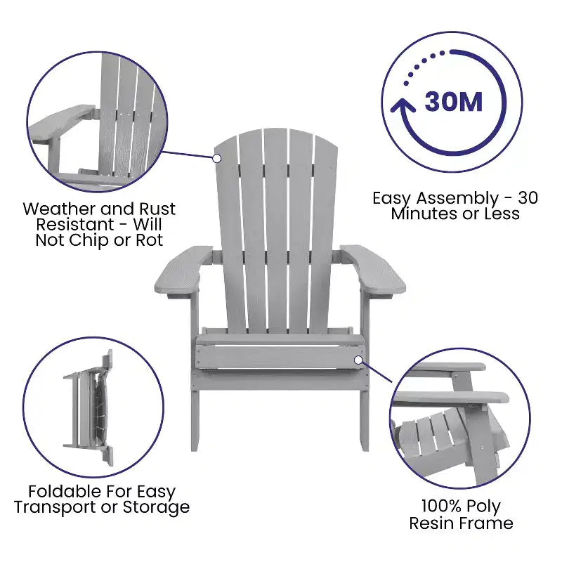 Set di 4 sedie pieghevoli Adirondack Charlestown in poliresina per tutte le stagioni Flash Furniture