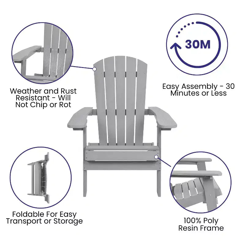 Sedia pieghevole Adirondack Flash Furniture Charlestown per interni/esterni in poly resina per tutte le stagioni