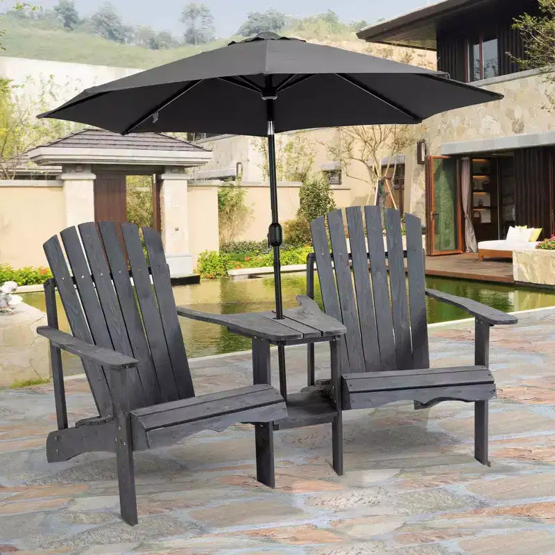 Outsunny Set di 3 Sedie Adirondack in Legno, Doppio Posto da Esterno con Tavolino Centrale e Foro per Ombrellone per Patio, Giardino, Terrazza, Focolare